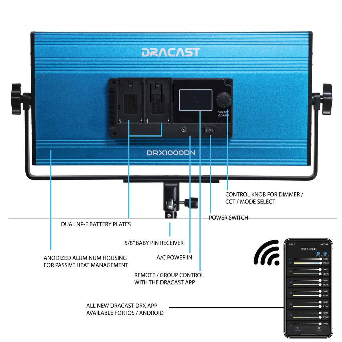 Dracast X Series LED1000 Daylight LED 3 Light Kit with Injection Molded Travel Case