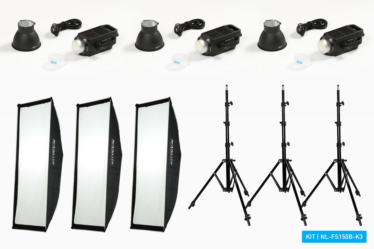Nanlite FS-150B LED Spot Light triple kit (w/ light stand and softbox)