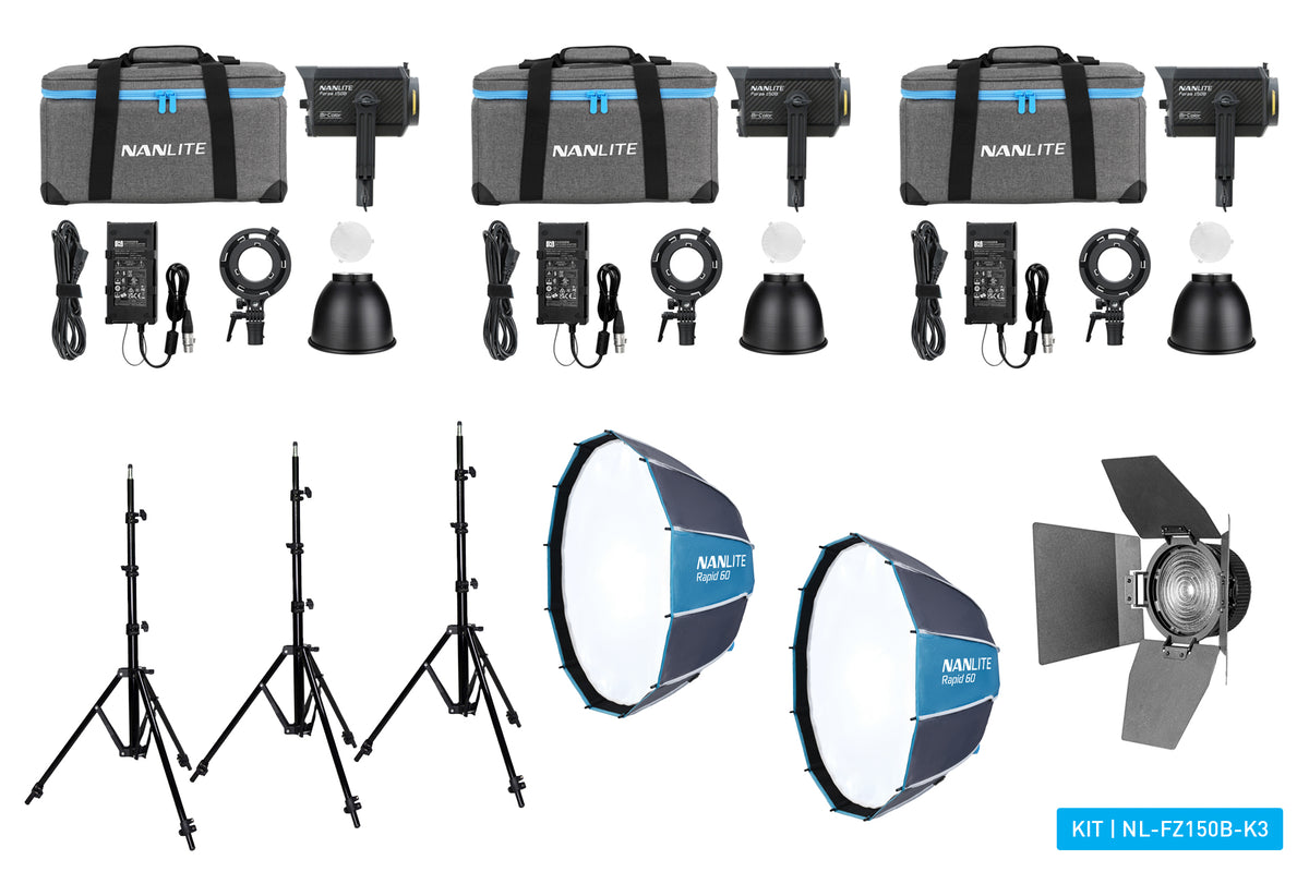 Nanlite Forza 150B Bi-color LED tripple kit (w/ case, light stand, fresnel and softbox)
